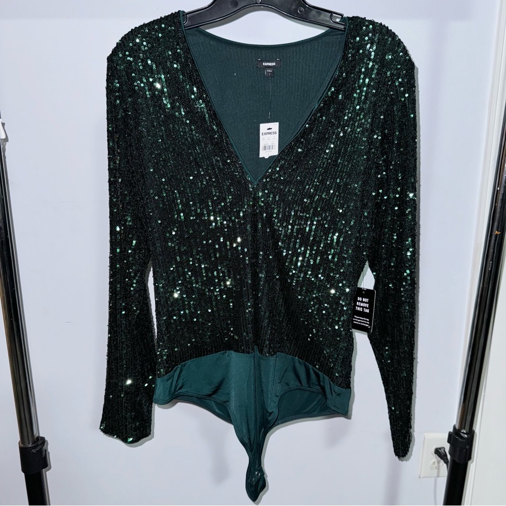 Express Green Sequin V Neck Thong Bodysuit Size L NWT!